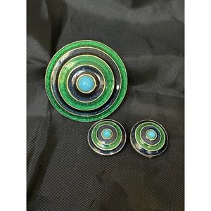 Rare Florenza Enamel Circles Brooch & Clip Earrings Gold Tone Bullseye Pattern